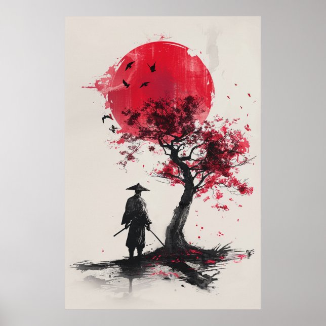 Ensamma Samurajen – Röd Sol Japansk Bläckkonst Poster (Framsidan)