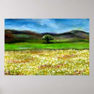 ENSAMT TRÄD PÅ GULT BLOMFÄLT, TOSCANA POSTER