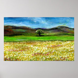 ENSAMT TRÄD PÅ GULT BLOMFÄLT, TOSCANA POSTER