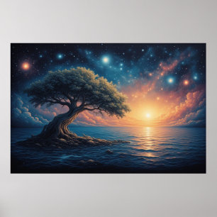 Ensamt träd vid havet vid solnedgång 🌅 Stjärnfant Poster