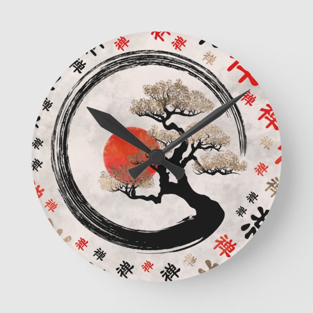 Enso Circle Bonsai Träd om Zen Symbol mönster Rund Klocka (Framsida)