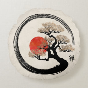 Enso Circle och Bonsai Träd på Canvas Rund Kudde