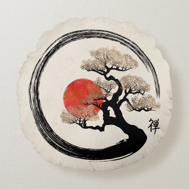 Enso Circle och Bonsai Träd på Canvas Rund Kudde (Framsidan)