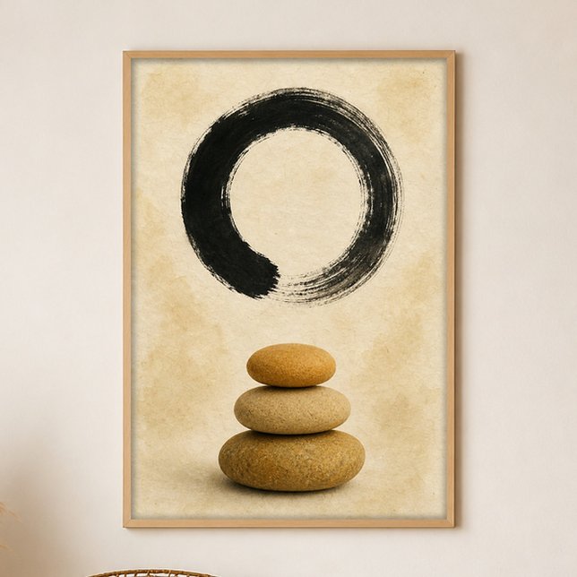 Enso Over Stones Gouache Boho Art Affisch (Shown framed for scale. Poster ships unframed; frames are an optional add-on.)