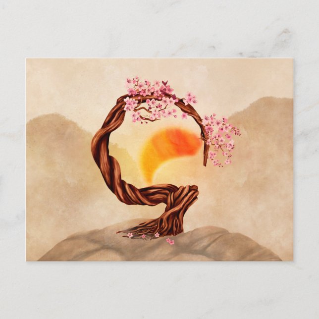 Enso Zen Blossoming Sakura Bonsai Vykort (Framsida)