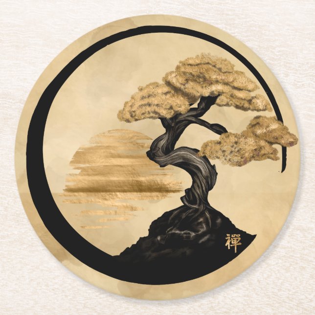 Enso Zen Circle Bonsai - Golden Sunrise Underlägg Papper Rund (Framsidan)