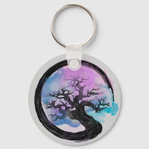 Enso Zen Circle och Bonsai Träd Alcohol Bläck Nyckelring