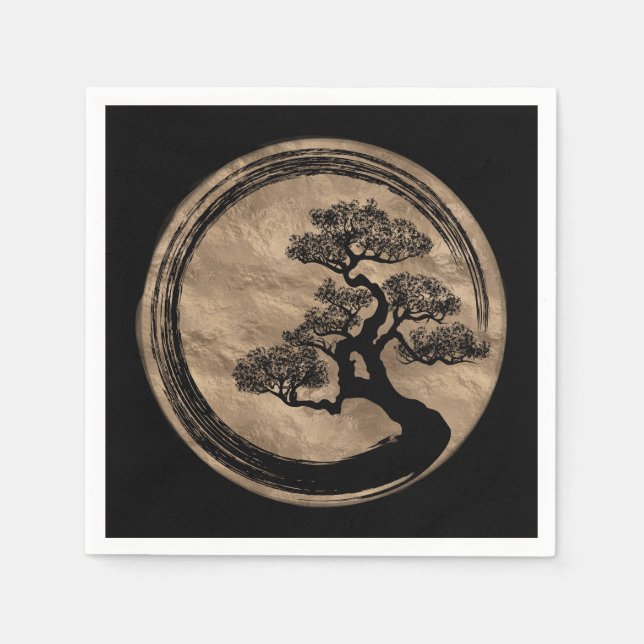 Enso Zen Circle och Bonsai Träd Guld Pappersservett (Framsidan)