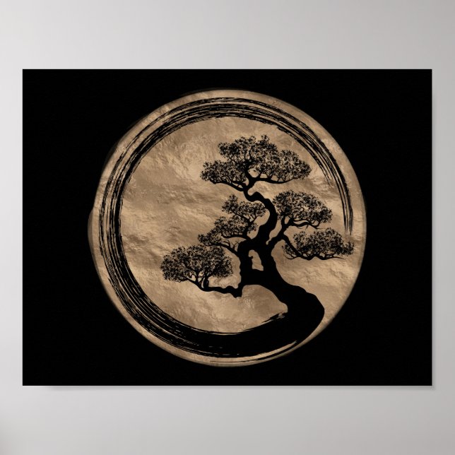 Enso Zen Circle och Bonsai Träd Guld Poster (Framsidan)