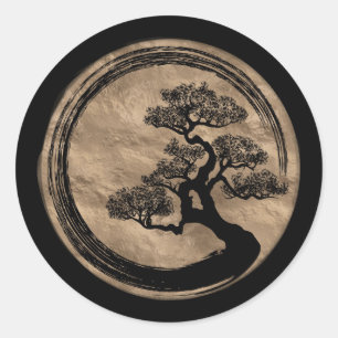 Enso Zen Circle och Bonsai Träd Guld Runt Klistermärke