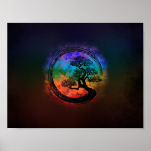 Enso Zen Circle och Bonsai Träd Nebula Poster