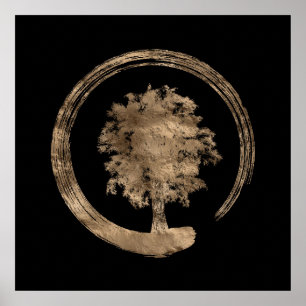 Enso Zen Circle och Träd-Guld på svart Poster