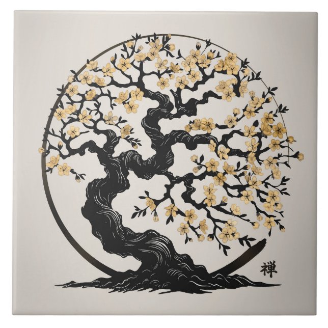 Enso Zen Circle Sakura träd - Golden Blommar Kakelplatta (Framsidan)