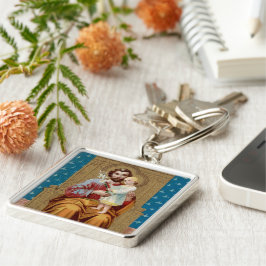 Enthroned St Joseph med Småbarn Jesus Child Fyrkantig Silverfärgad Nyckelring