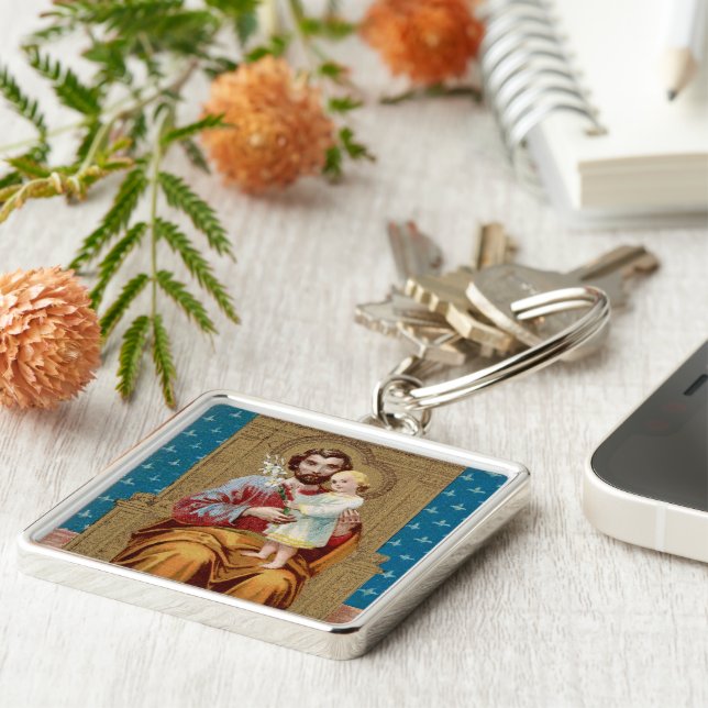 Enthroned St Joseph med Småbarn Jesus Child Fyrkantig Silverfärgad Nyckelring (Sidan)