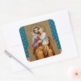 Enthroned St Joseph med Småbarn Jesus Child Fyrkantigt Klistermärke