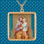 Enthroned St Joseph med Småbarn Jesus Child Guldpläterat Halsband<br><div class="desc">Denna detalj från en Östra från slutet av 1800-talet skildrar St. Joseph som satt på en gyllene tron med Kristus Child som ett småbarn som stod på knä. Kristus Child höjer sin höger i välsignelse och håller en sprej av liljor som symboliserar renheten i hans lämnat. St. Joseph's händer omringar...</div>