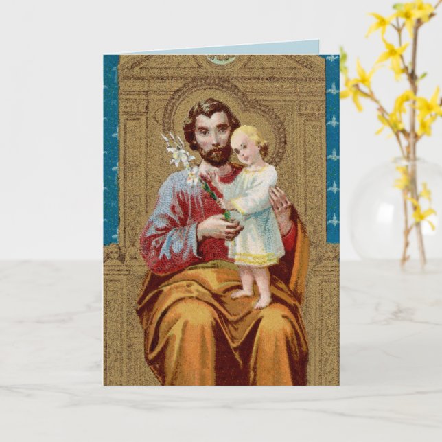 Enthroned St Joseph med Småbarn Jesus Child Kort (Gul blomma)