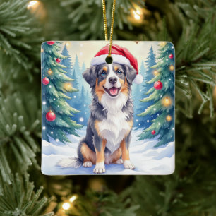 Entlebucher Mountain Dog Snöig Skog Tomte Julgransprydnad Keramik