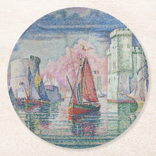 Entrance of La Rochelle Harbor, Paul Signac Underlägg Papper Rund (Framsidan)