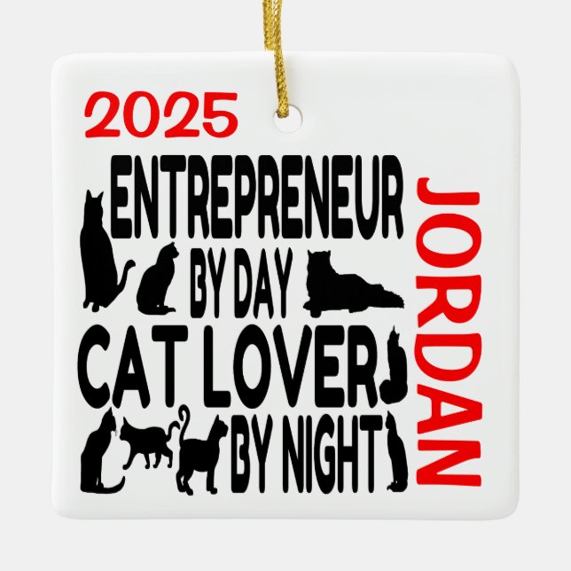 Entrepreneur Kärlek Cats ANPASSNINGSBAR Julgransprydnad Keramik (Framsida)