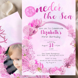 EnUnder havet Rosa Flicka Foto 1-års Födelsedagsfe Inbjudningar