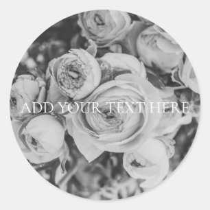 ENVELOPE SEAL STICKER: PEONIER (B + W) RUNT KLISTERMÄRKE