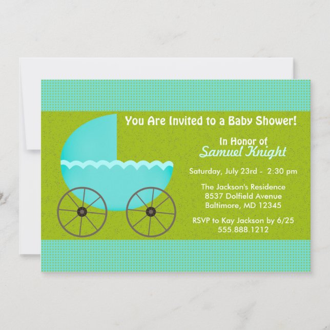 Envisager Blue Barnvagn Boy Baby Shower Inbjudan (Framsida)
