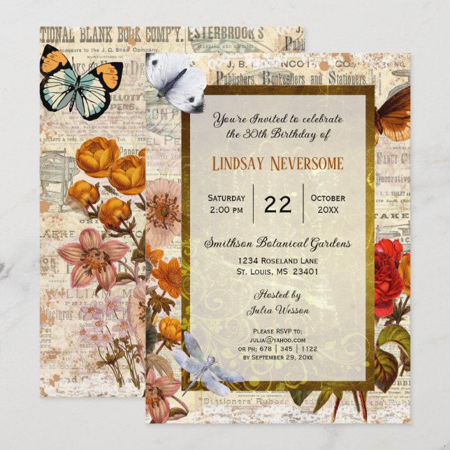 Ephemera Aestesisk Snyggt Vintage Födelsedagsfest Inbjudningar (Fram/baksida)