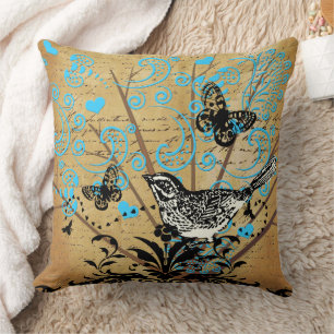 Ephemera Bright Modern Träd Bird Vintage Butterfly Kudde