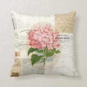 Ephemera för rosa vanlig hortensia för vintage kudde