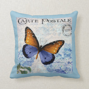 Ephemera Fransk Postcard Butterfly Blue Blommigt Kudde