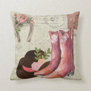 Ephemera Fransk vycard Cowboy Boots Hat Blommigt Kudde