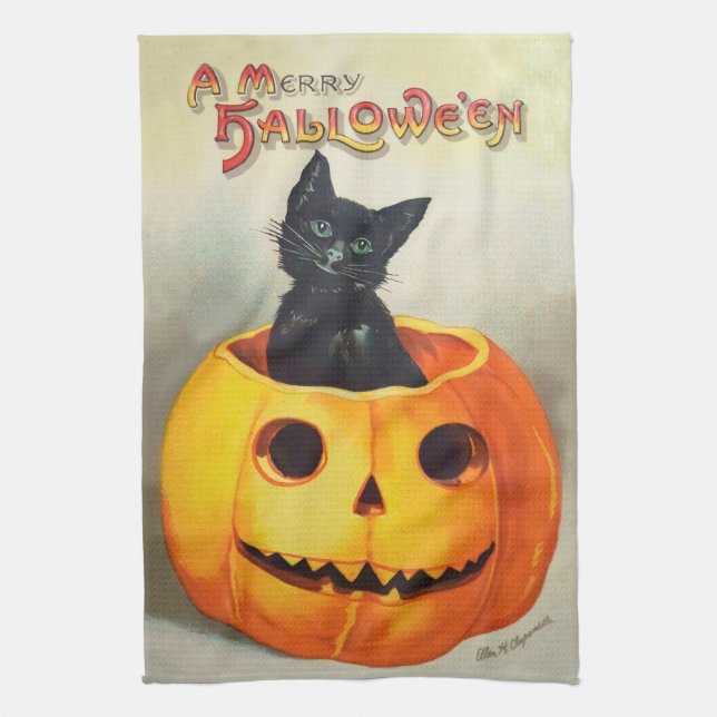 Ephemera Vintage Black Cat and Pumpkin Halloween Kökshandduk (Vertikal)