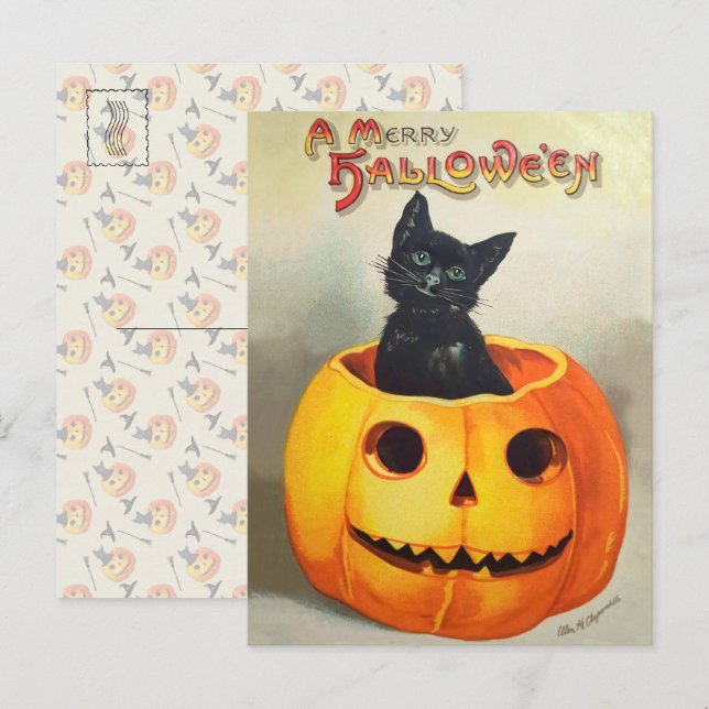 Ephemera Vintage Halloween Illustration Black Cat Vykort (Fram/baksida)