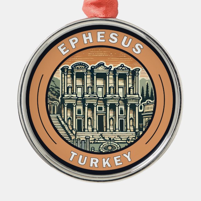 Ephesus Turkey Illustration Travel Art Badge Julgransprydnad Metall (Framsidan)