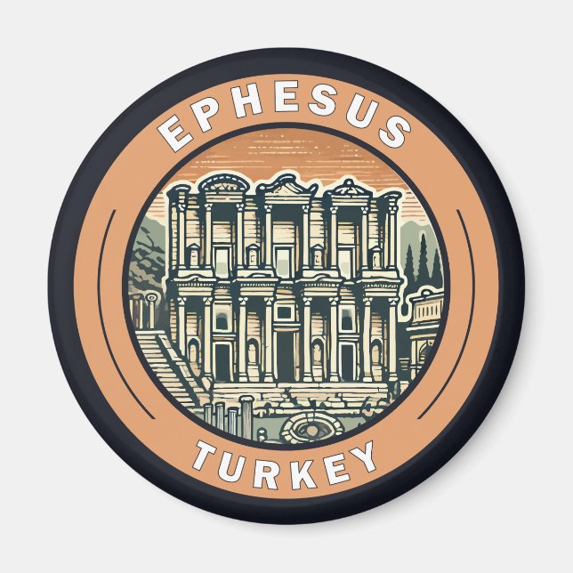 Ephesus Turkey Illustration Travel Art Badge Magnet (Framsidan)