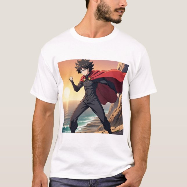 Epic Anime Hero at Sunset – Powerful Warrior with  T Shirt (Framsida)