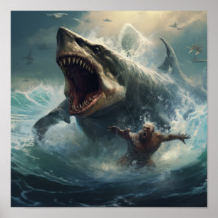 Epic Battle: Megalodon vs T-Rex Poster - Släpp los
