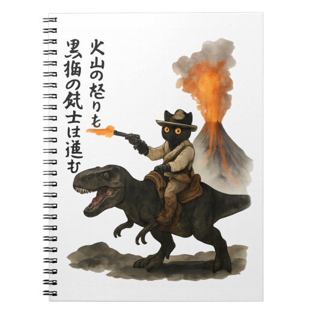 Epic Black Cat Cowboy Riding Dinosaur with Volcano Anteckningsbok (Framsidan)
