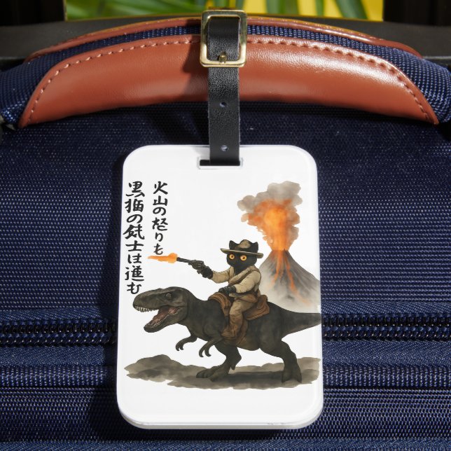 Epic Black Cat Cowboy Riding Dinosaur with Volcano Bagagebricka (Framsida Insitu 2)