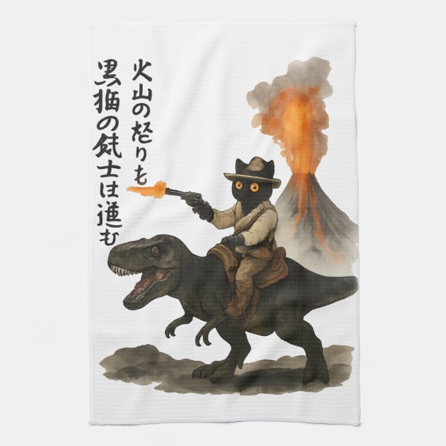 Epic Black Cat Cowboy Riding Dinosaur with Volcano Kökshandduk (Vertikal)