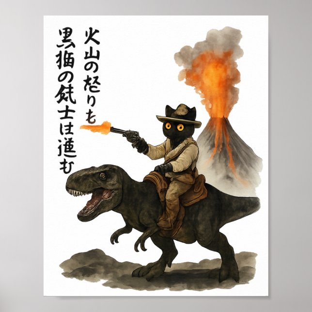 Epic Black Cat Cowboy Riding Dinosaur with Volcano Poster (Framsidan)