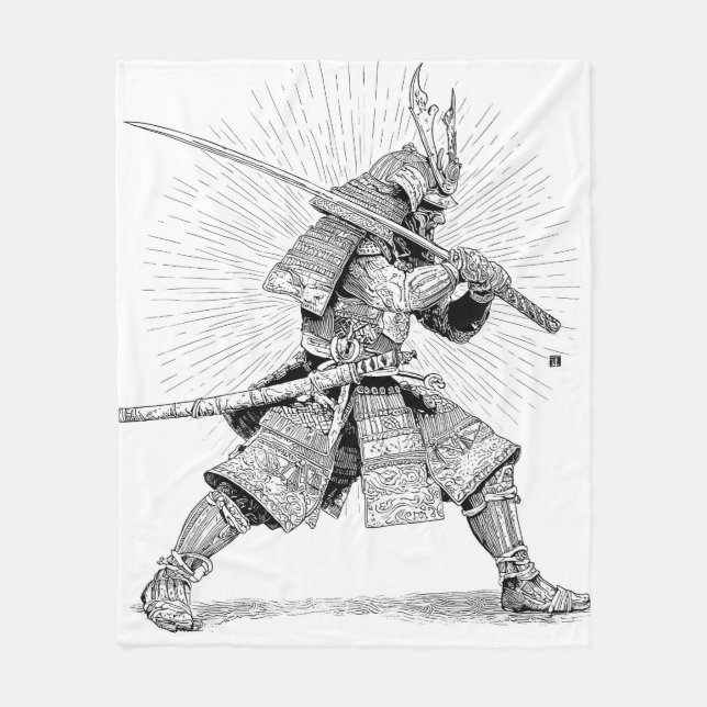 Epic Black Samurai Warrior Ink Drawing Blanket Fleecefilt (Framsidan)
