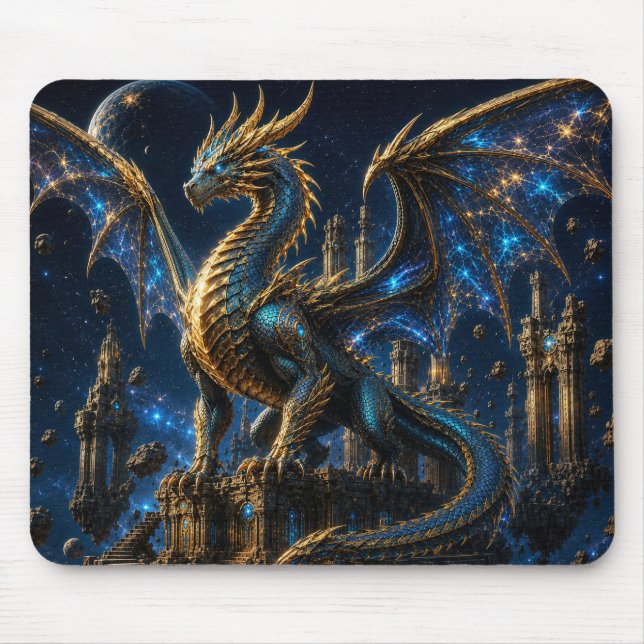 Epic Blue & Gold Fantasy Dragon Mouse Pad Musmatta (Framsidan)