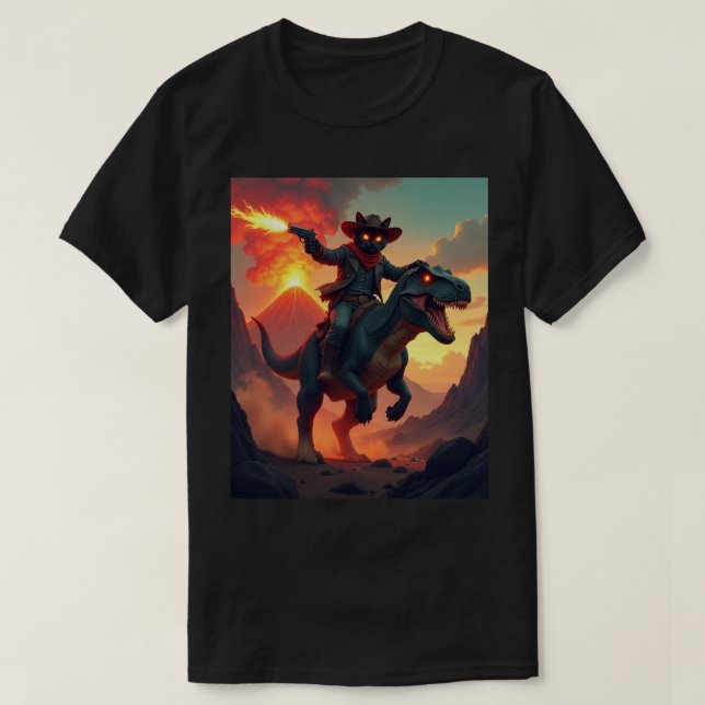 Epic Cowboy Cat Riding Dinosaur | Fantasy Sci-Fi T Shirt (Design framsida)