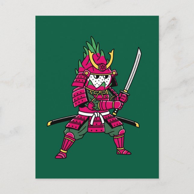 Epic Dragon Fruit Samurai Warrior Katana Illustrat Vykort (Framsida)