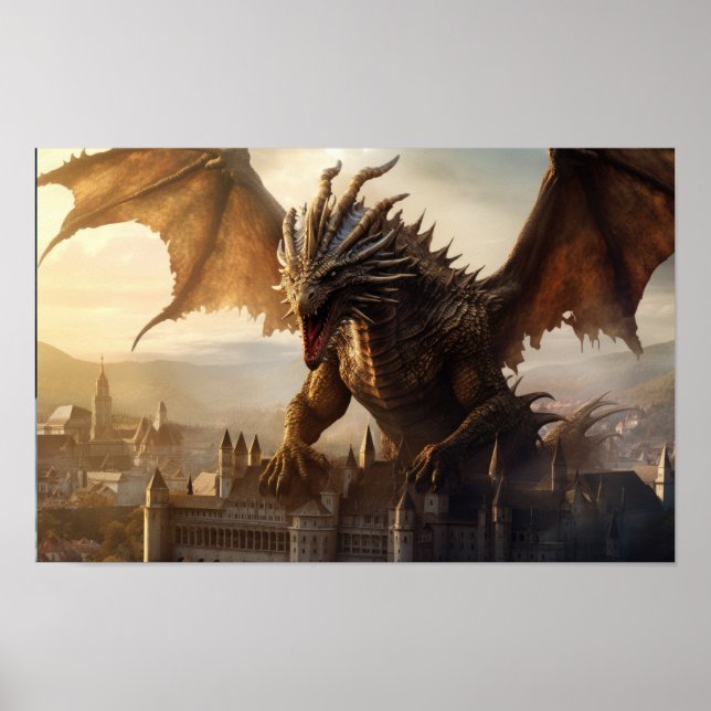 Epic Dragon Over Medieval City Poster (Framsidan)