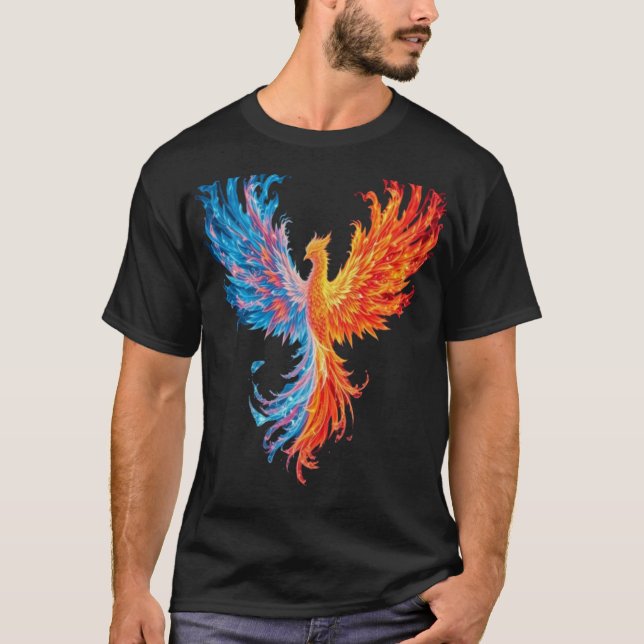Epic Fire & Ice Phoenix - Mythical Elemental Bird T Shirt (Framsida)