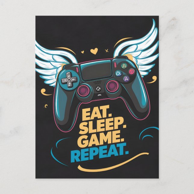 Epic Gaming-spel. Ät. Sov. Spel. Upprepa. Winge Vykort (Framsida)